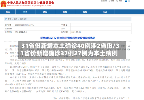 31省份新增本土确诊40例涉2省份/31省份新增确诊37例27例为本土病例